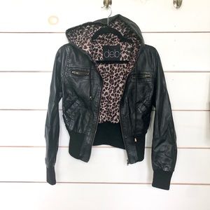 Black leather jacket with cheetah print